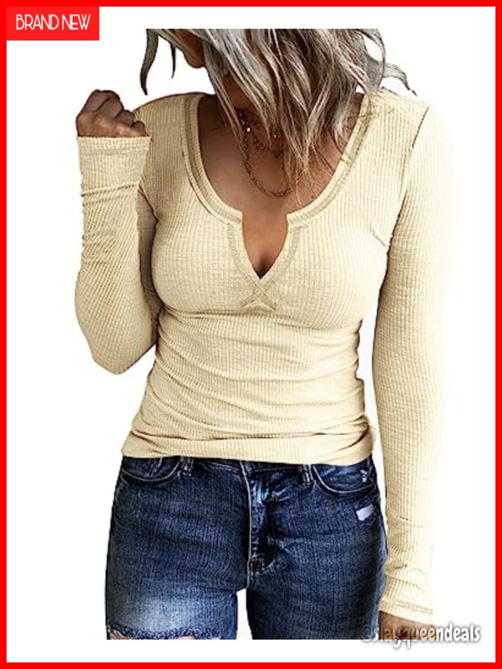 Long Sleeve Scoop Neck Ribbed Knit Casual T-Shirt Basic Top